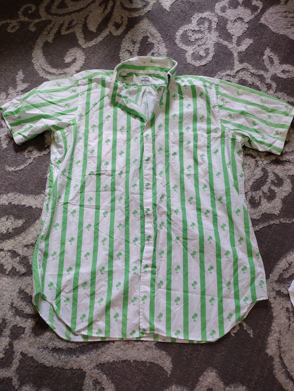 Maus & Hoffman Green And White Stripe Palm Tree Button Down Shirt